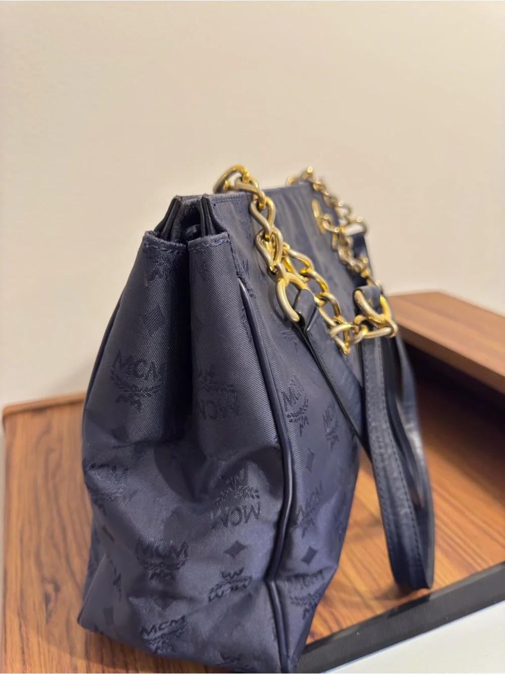 Authentic Vintage MCM Navy Blue Nylon Visetos Chain Tote Bag Description: